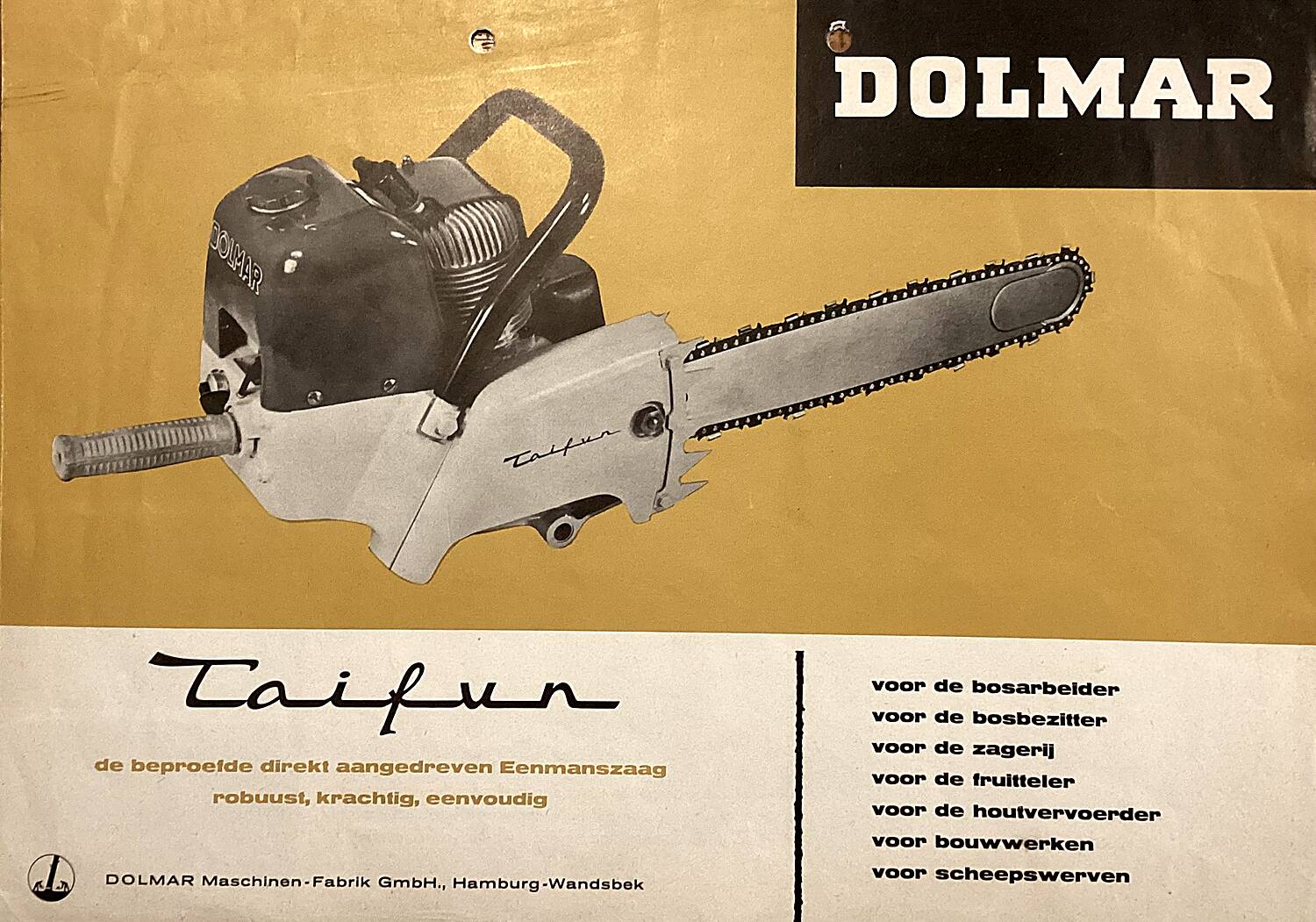 Document publicitaire d’époque présentant la tronçonneuse DOLMAR CX Taifun.