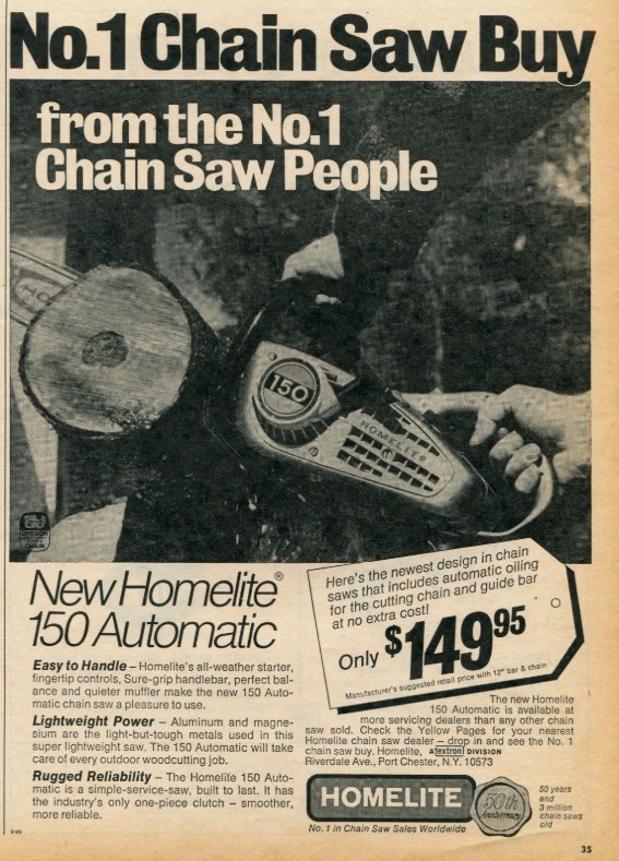 Publicité américaine d’époque présentant la Homelite 150 Automatic, début des années 1970.