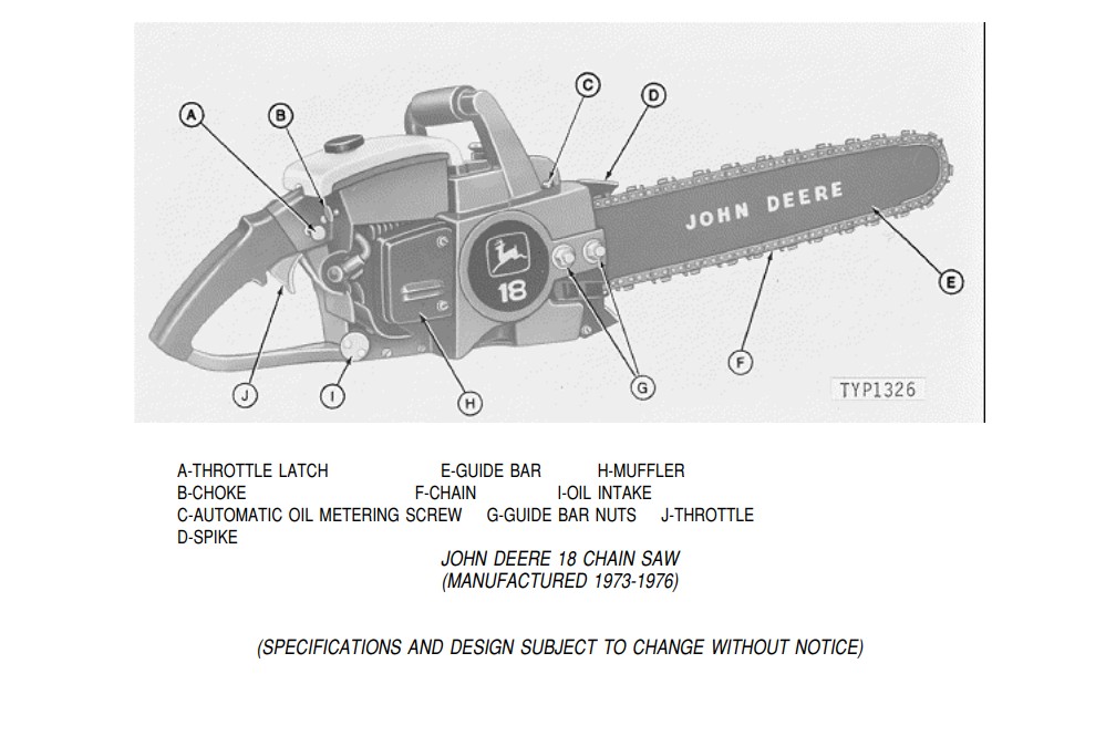 John Deere 18 — illustration technique issue de la documentation constructeur John Deere « 14 and 18 Chain Saws — Introduction ».