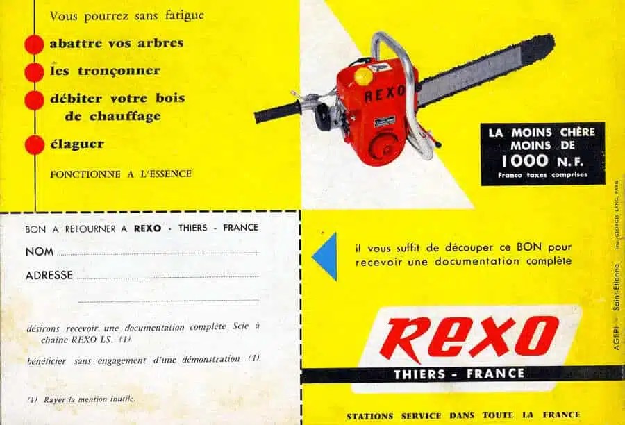 Publicité d’époque pour la scie à chaîne REXO LS – Archives présentées par REXO.