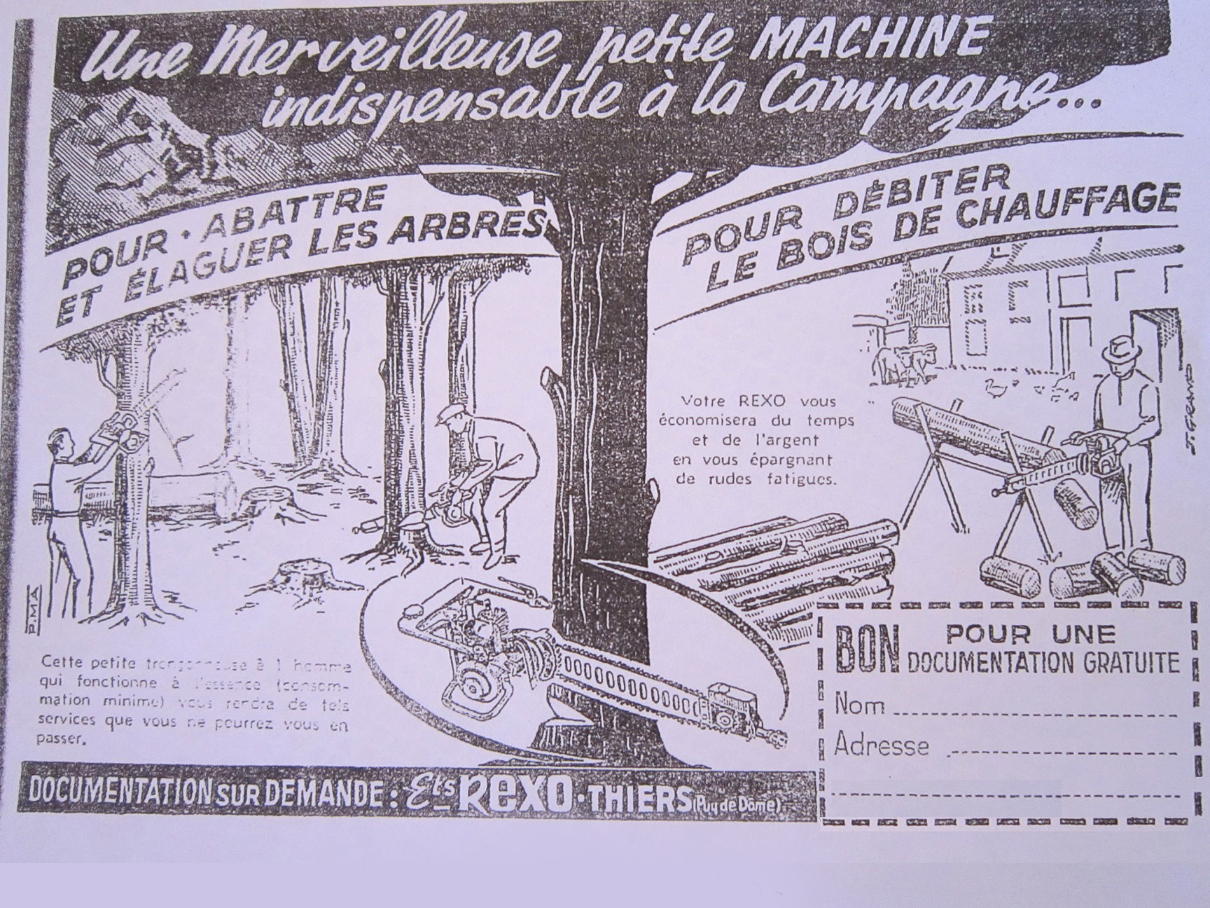 Publicité ancienne REXO présentant une petite tronçonneuse thermique destinée à l’abattage, à l’élagage et au débit du bois de chauffage. Le document mentionne les Établissements REXO à Thiers (Puy-de-Dôme).