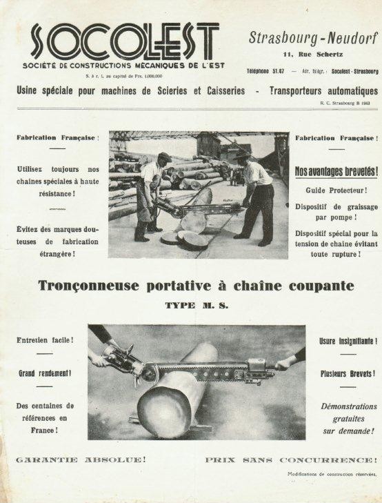 Tronçonneuse portative à chaîne coupante SOCOLEST Type M.S. — publicité d'époque du constructeur.