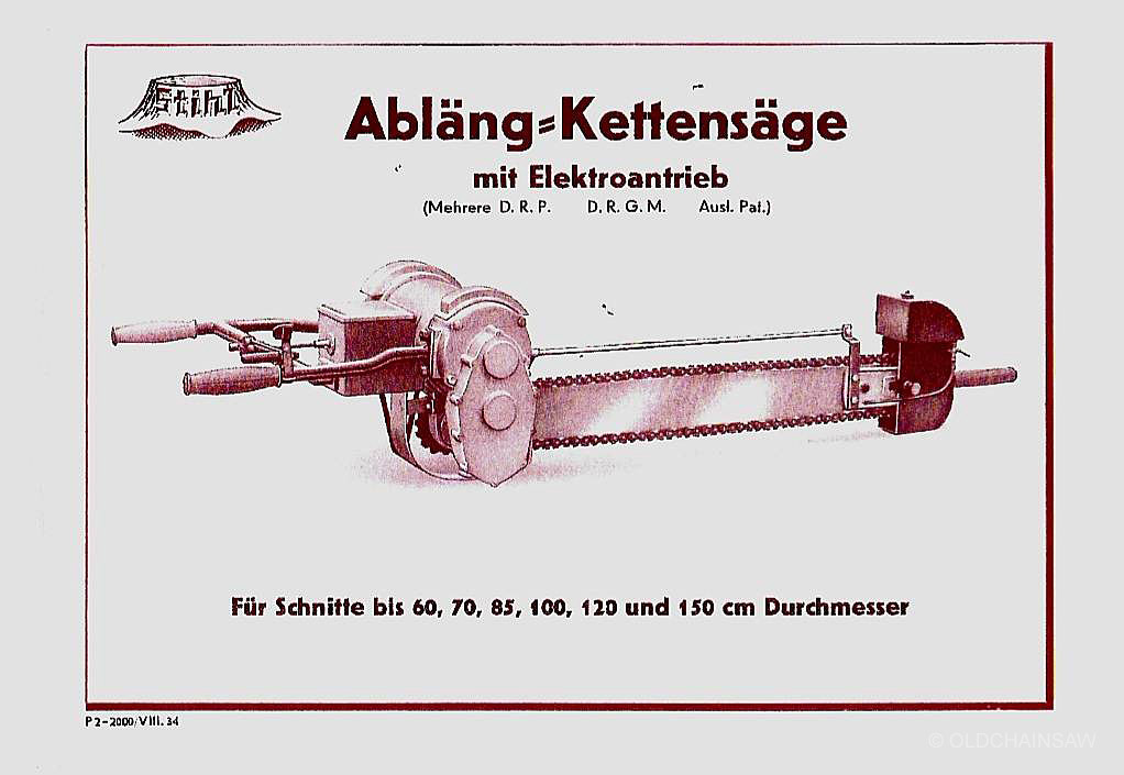Vue d’époque d’une tronçonneuse électrique STIHL à deux hommes.
Catalogue commercial STIHL, août 1934.