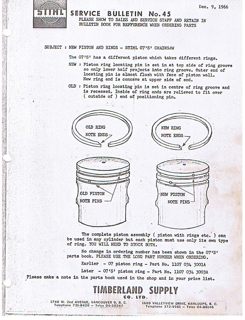 Bulletin de service STIHL n°45 du 9 décembre 1966 présentant l’évolution du piston et des segments de la STIHL 07 S.