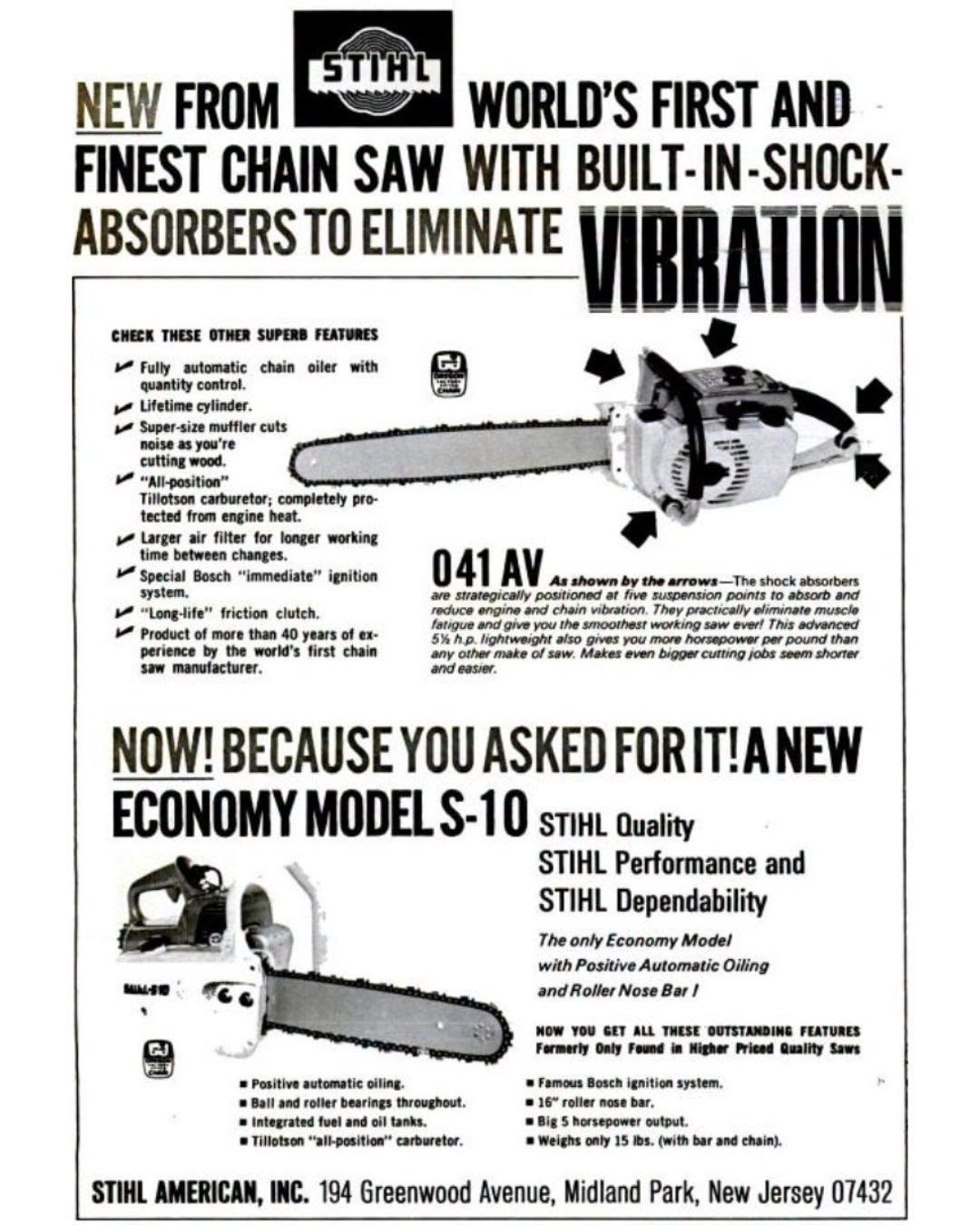 STIHL 041 AV — publicité d’époque mettant en avant le système antivibrations intégré et les principales caractéristiques du modèle.