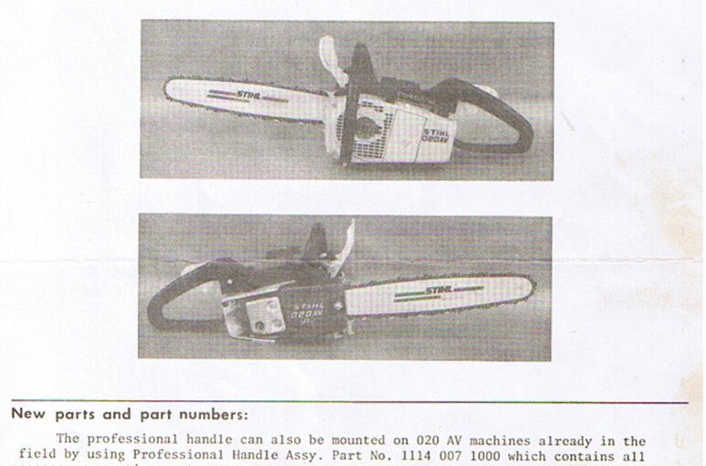 STIHL 020 AV « Professional » — présentation de la nouvelle configuration de poignées introduite en 1973.