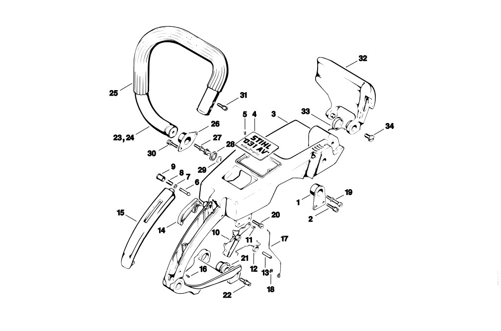 STIHL 031 AV — vue éclatée issue de la documentation technique du modèle.