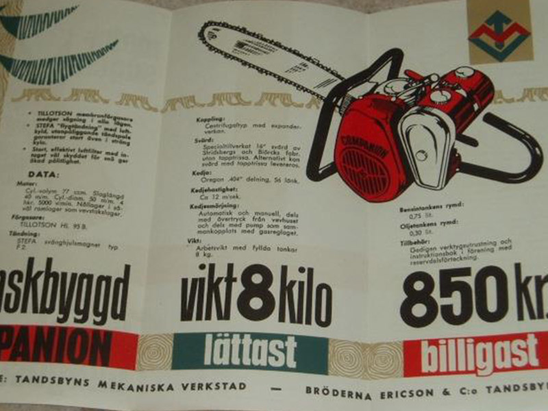 Brochure publicitaire d'époque de la Companion MS1, mettant en avant son poids de 8 kg et son prix de 850 couronnes suédoises.