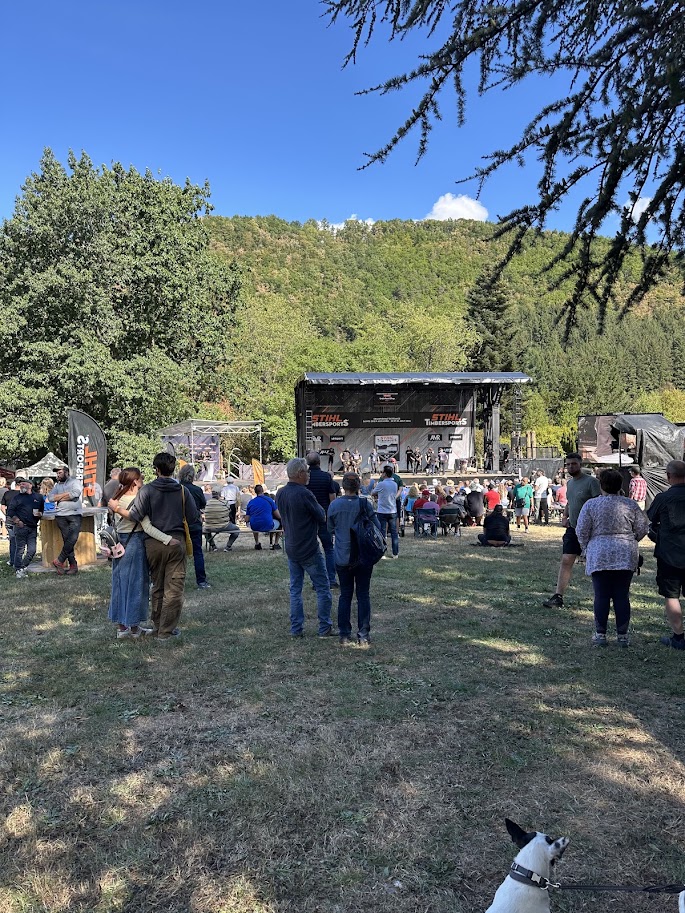 Le public rassemblé devant la scène du Championnat de France STIHL TIMBERSPORTS®, au cœur du parc de la Villa Burrus.